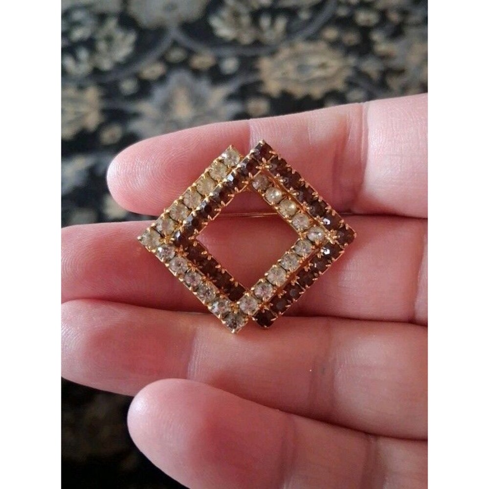 Vintage Double Squared Rhinestone Brooch White and Amber Mid Century